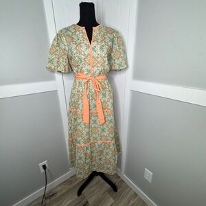 &Merci Boho Midi Dress Floral Cotton Tie Waist | Size Large‎ NWT Pockets